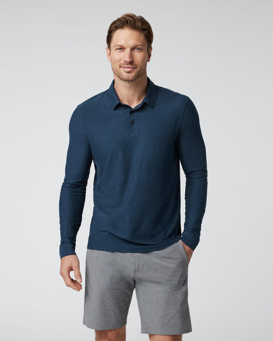 Long Sleeve Strato Tech Polo Navy Heather Blue Polo - Vuori Clothing