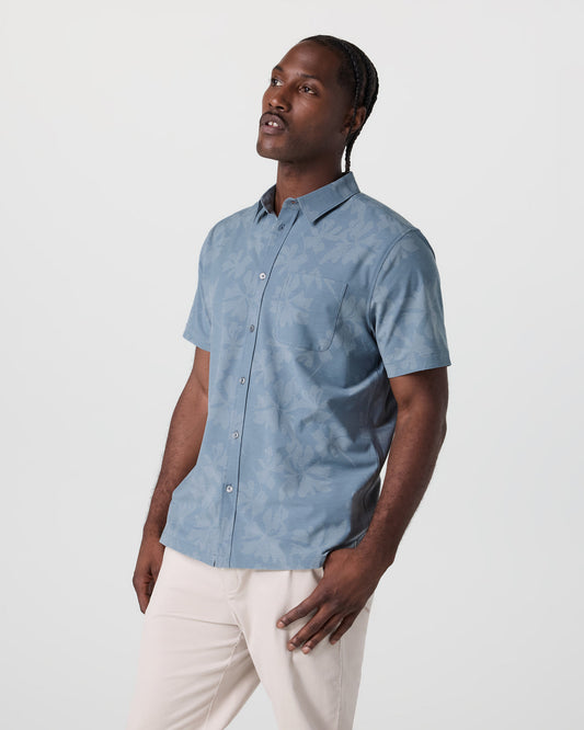 Short Sleeve Bridge Button Down Dusty Blue Plumeria - Vuori Clothing