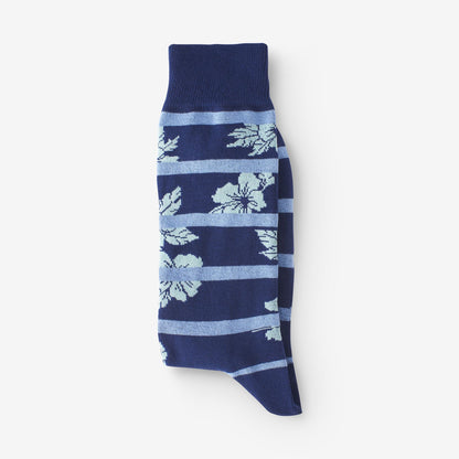 Cotton Blend Pattern Dress Sock - Blue Hibiscus Stripe