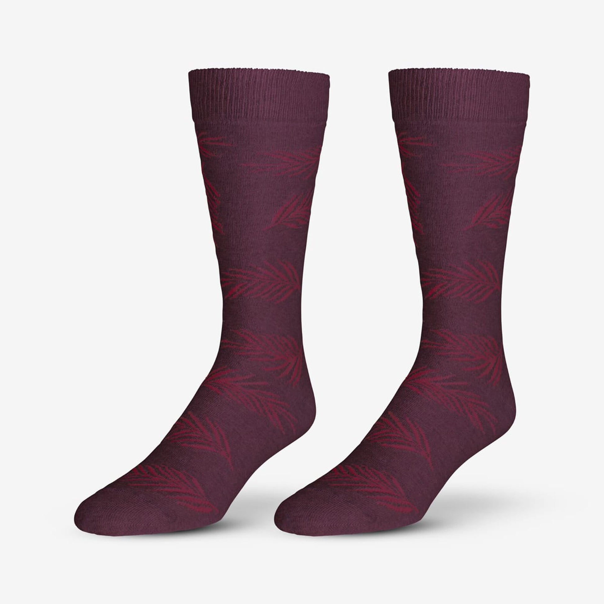 Cotton Blend Pattern Dress Sock - Burgundy Palm Leaf
