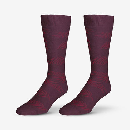 Cotton Blend Pattern Dress Sock - Burgundy Palm Leaf