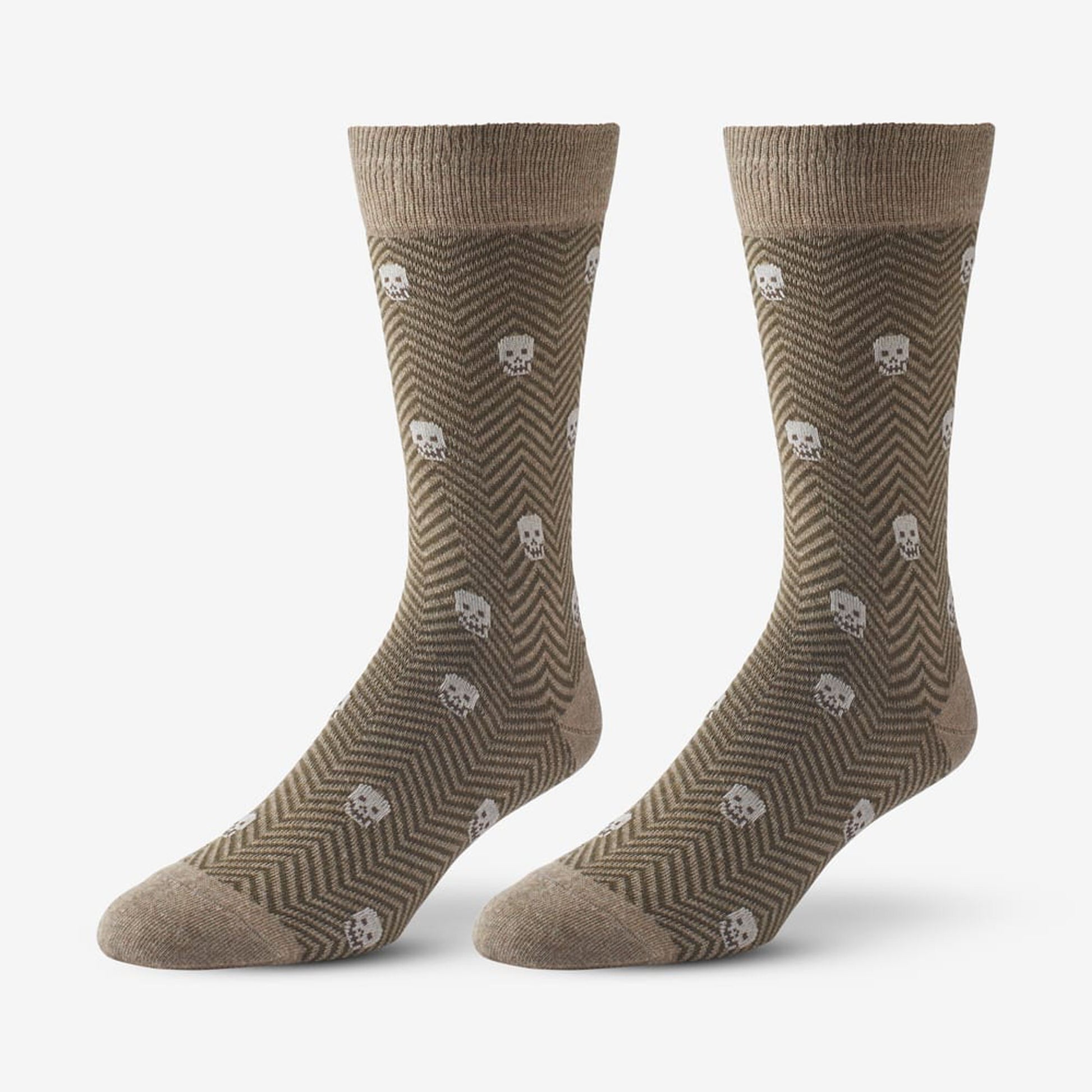 Cotton Blend Pattern Dress Sock - Khaki Herringbone Skull