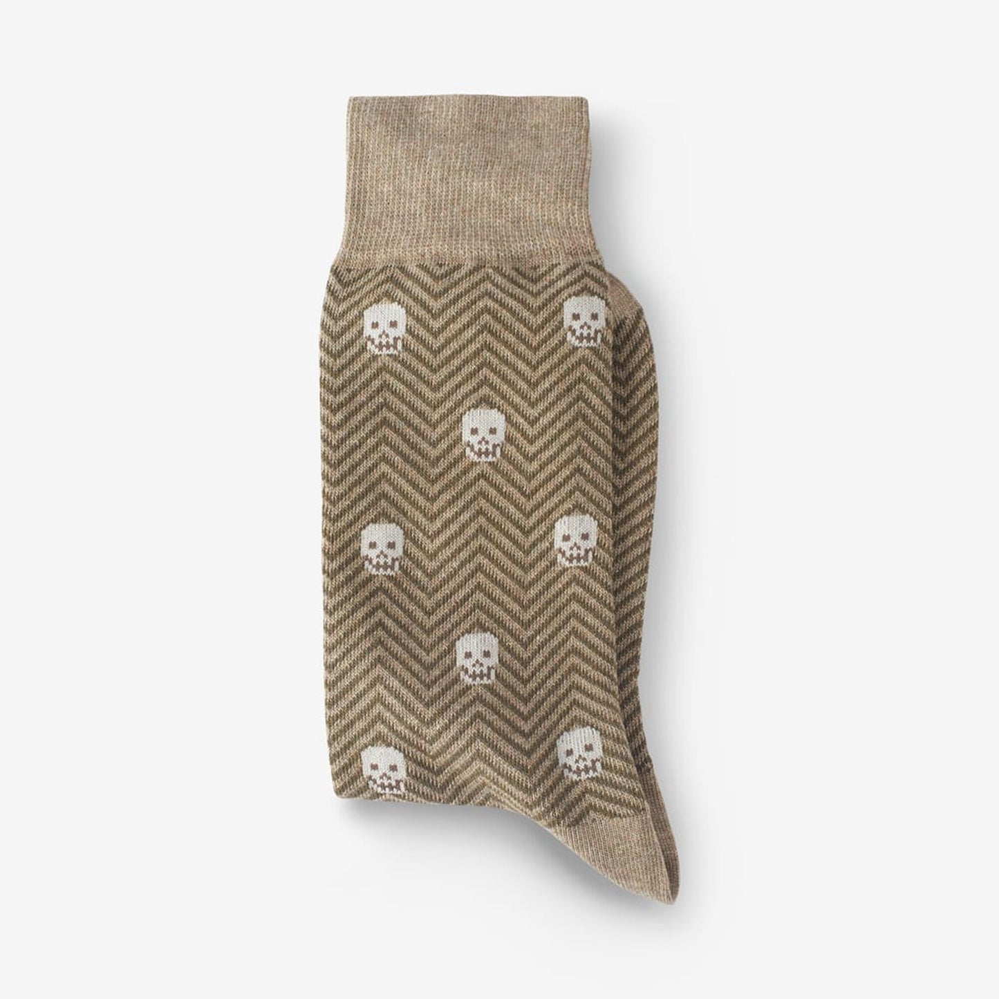 Cotton Blend Pattern Dress Sock - Khaki Herringbone Skull
