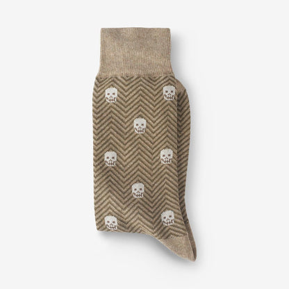 Cotton Blend Pattern Dress Sock - Khaki Herringbone Skull