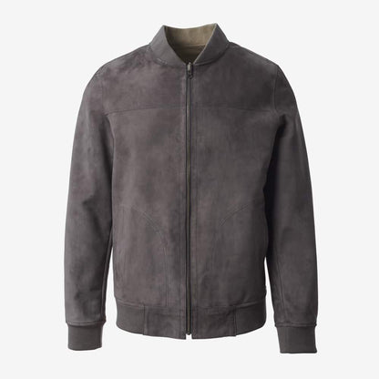 Leather and Suede Reversible Bomber - Grey / Beige